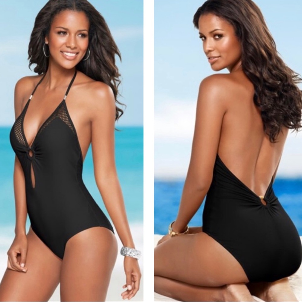 Venus ~ Black One-Piece Mesh Ruched Swimsuit